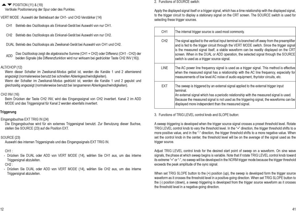 Betrieb des Oszilloskops als Einkanal-Gerät bei Auswahl von nur CH2. DUAL Betrieb des Oszilloskops als Zweikanal-Gerät bei Auswahl von CH1 und CH2.