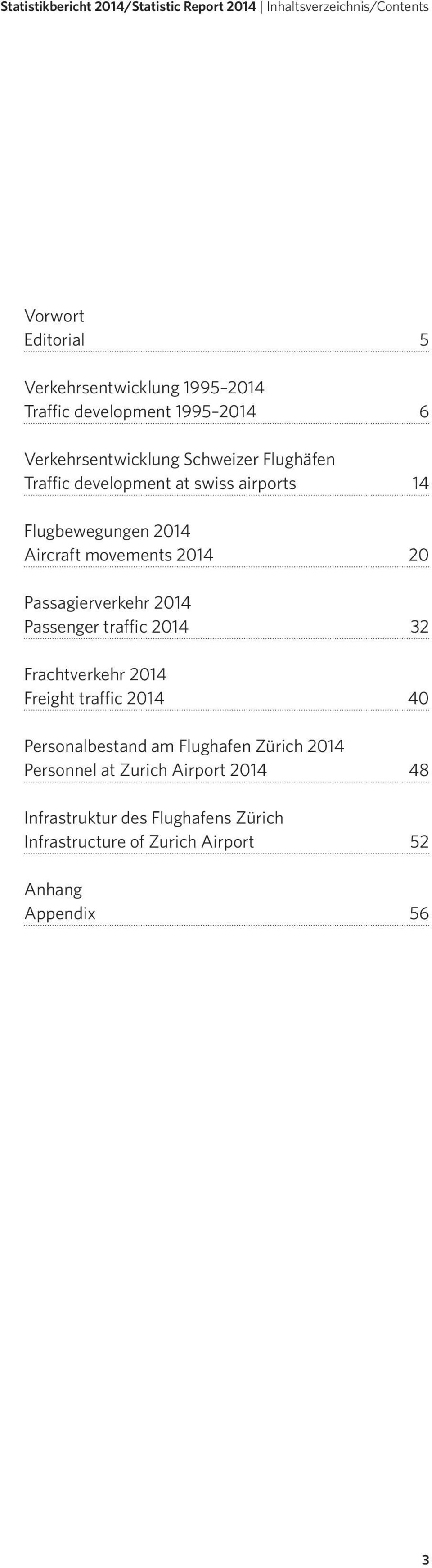 movements 2014 20 Passagierverkehr 2014 Passenger traffic 2014 32 Frachtverkehr 2014 Freight traffic 2014 40 Personalbestand am