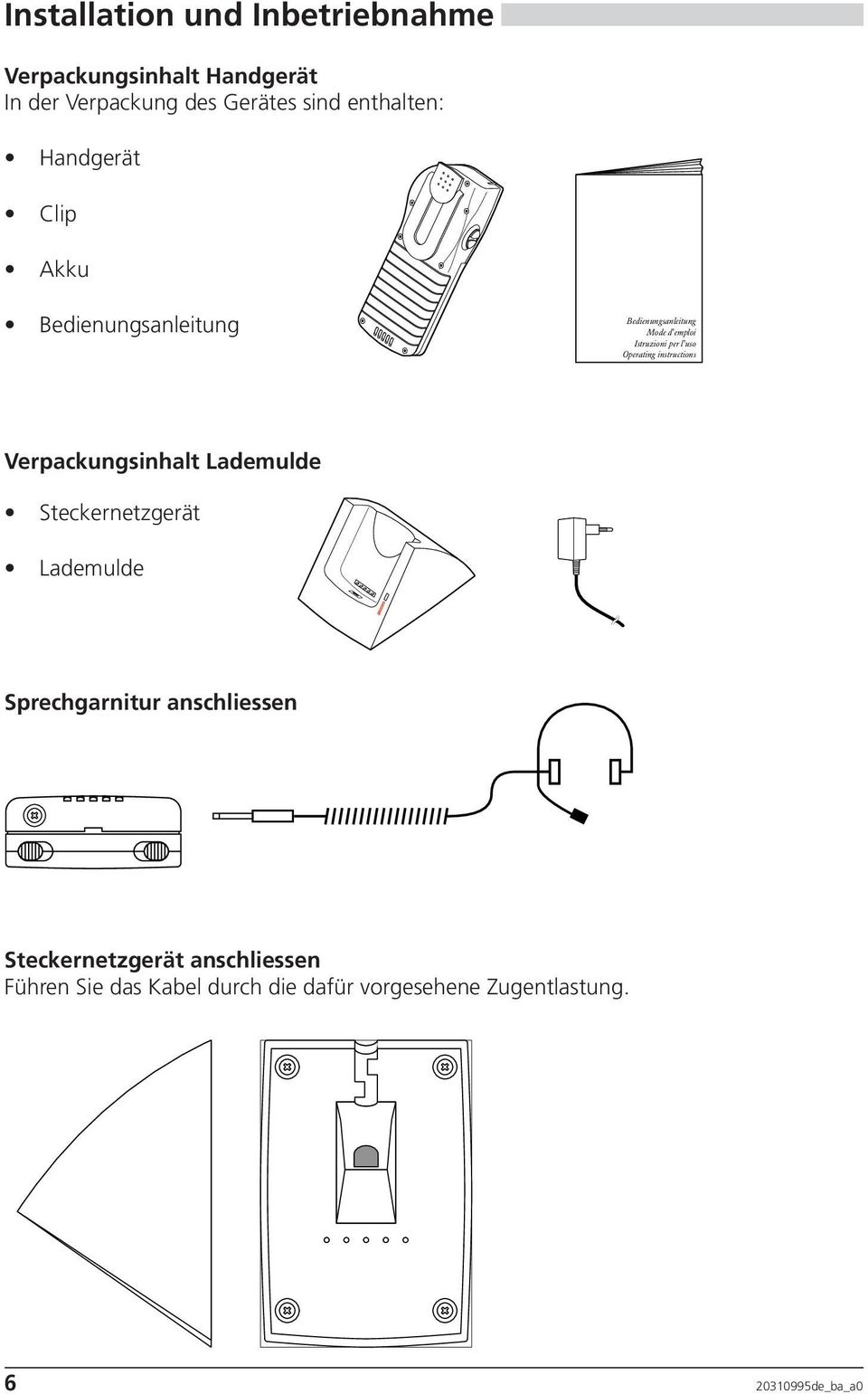 Operating instructions Verpackungsinhalt Lademulde Steckernetzgerät Lademulde Sprechgarnitur