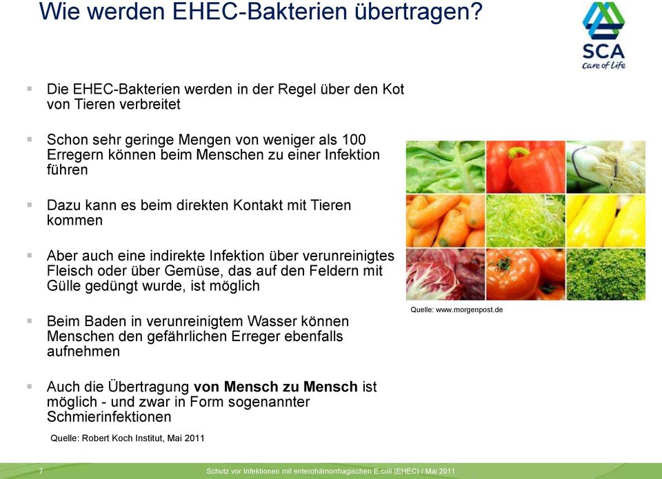 es beim direkten Kontakt mit Tieren kommen Aber auch eine indirekte Infektion über verunreinigtes Fleisch oder über Gemüse, das auf den Feldern mit Gülle gedüngt wurde, ist möglich Beim