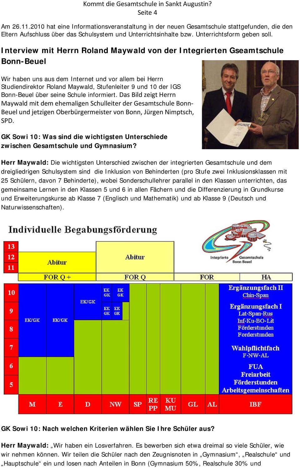 Bonn-Beuel über seine Schule informiert. Das Bild zeigt Herrn Maywald mit dem ehemaligen Schulleiter der Gesamtschule Bonn Beuel und jetzigen Oberbürgermeister von Bonn, Jürgen Nimptsch, SPD.