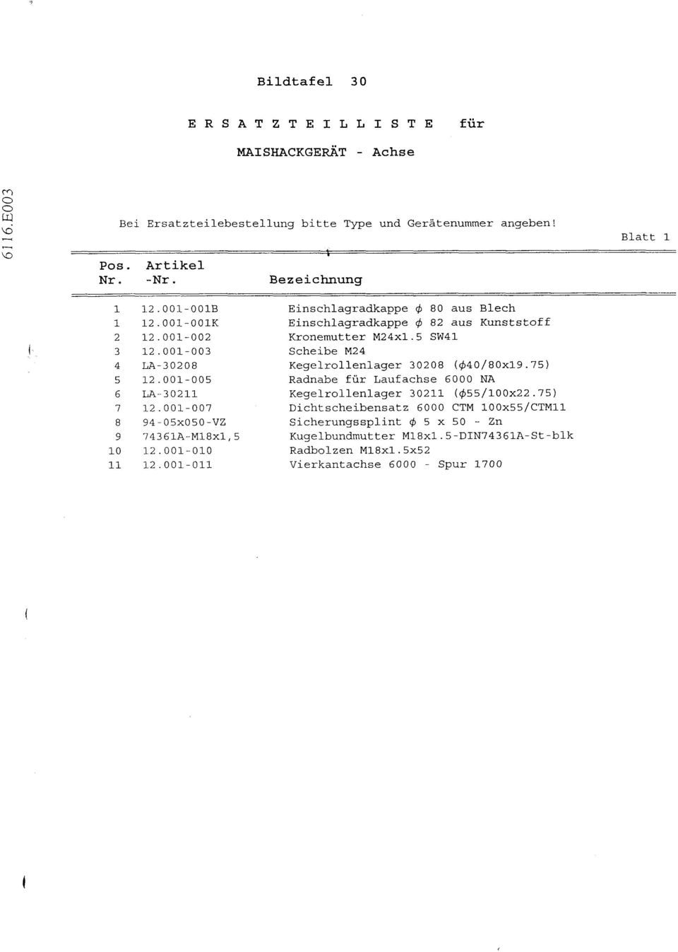 001-003 Scheibe M24 4 LA-30208 Kegelrollenlager 30208 ($40/80x19.75) 5 12.001-005 Radnabe fur Laufachse 6000 NA 6 LA-30211 Kegelrollenlager 30211 ($55/100x22.75) 7 12.