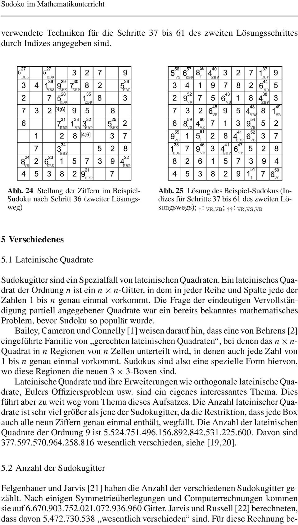 25 Lösung des Beispiel-Sudokus (Indizes für Schritte 37 bis 61 des zweiten Lösungswegs); : VR,VB ; : VR,VS,VB 5 Verschiedenes 5.