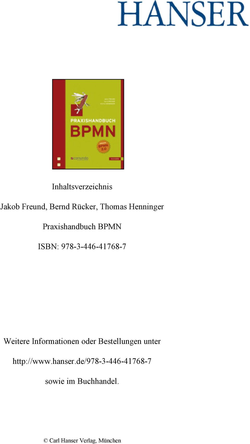 Informationen oder Bestellungen unter http://www.hanser.