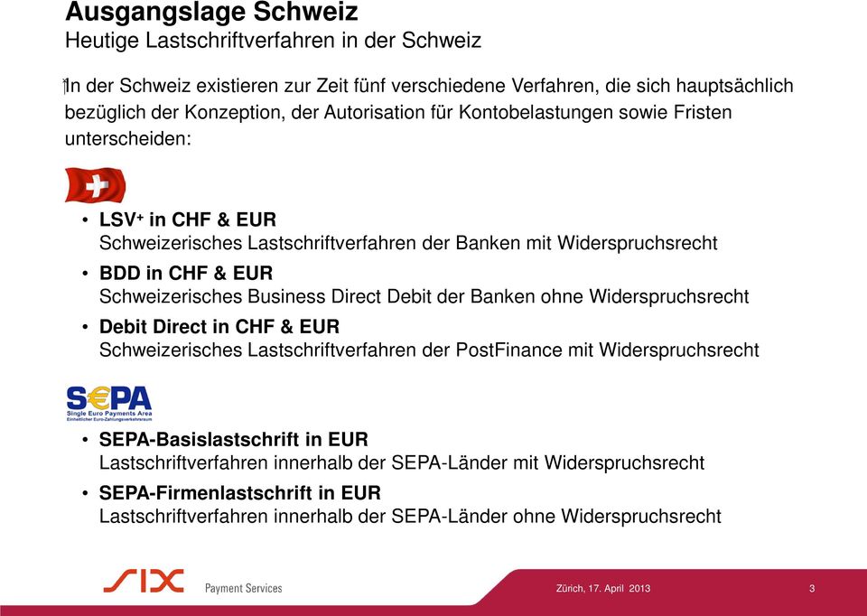 Schweizerisches Business Direct Debit der Banken ohne Widerspruchsrecht Debit Direct in CHF & EUR Schweizerisches Lastschriftverfahren der PostFinance mit Widerspruchsrecht