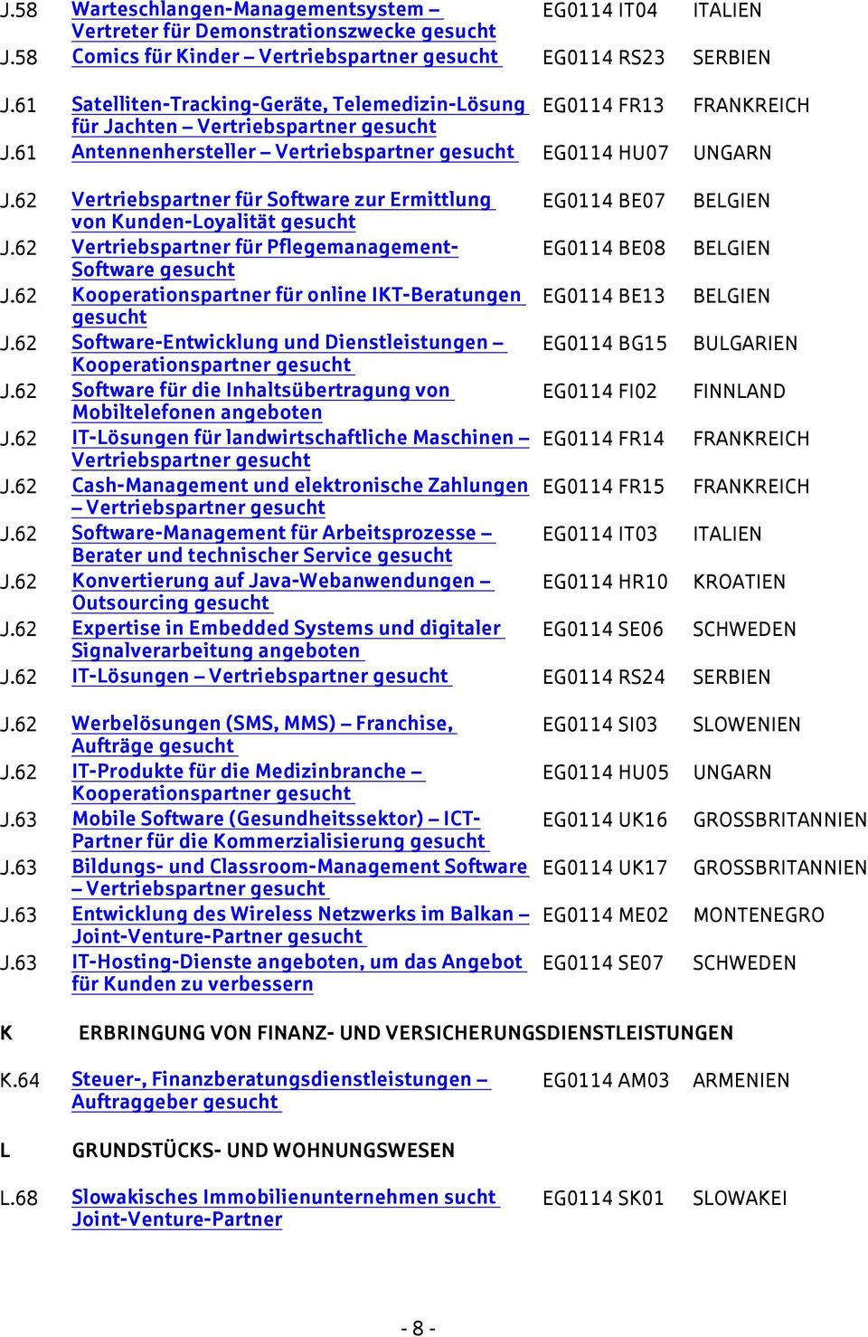 62 Vertriebspartner für Software zur Ermittlung EG0114 BE07 BELGIEN von Kunden-Loyalität J.62 Vertriebspartner für Pflegemanagement- EG0114 BE08 BELGIEN Software J.