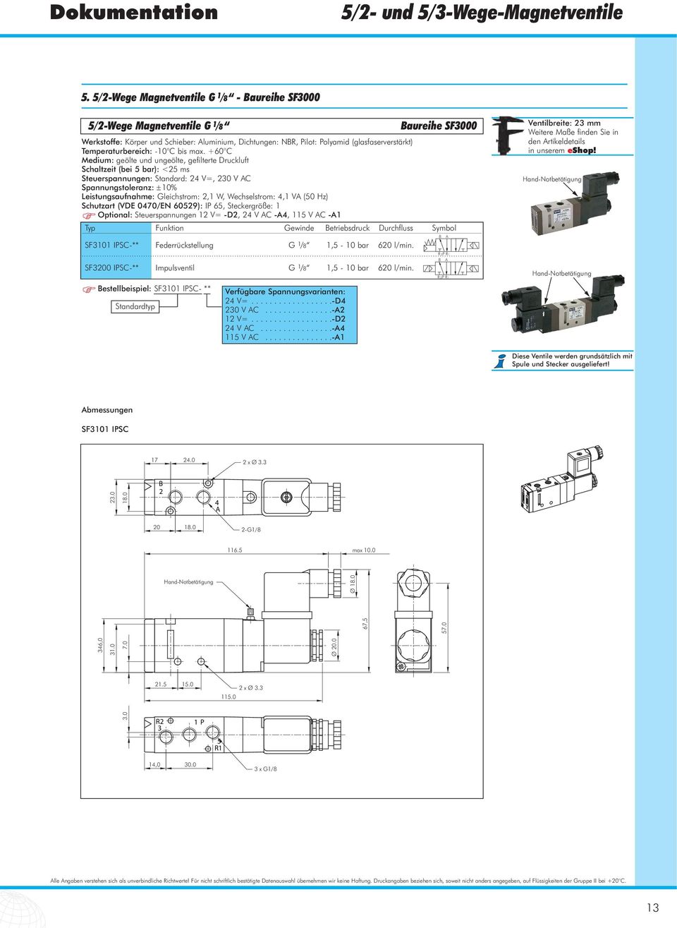 Wechselstrom:,1 V (0 Hz) Schutzart (VDE 070/EN 609): IP 6, Steckergröße: 1 Optional: Steuerspannungen 1 V= -D, V C -, 11 V C -1 aureihe S000 Typ unktion Gewinde etriebsdruck Durchfluss Symbol S101