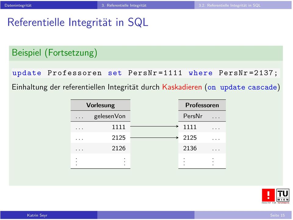 Professoren set PersNr =1111 where PersNr =2137; Einhaltung der referentiellen Integrität durch