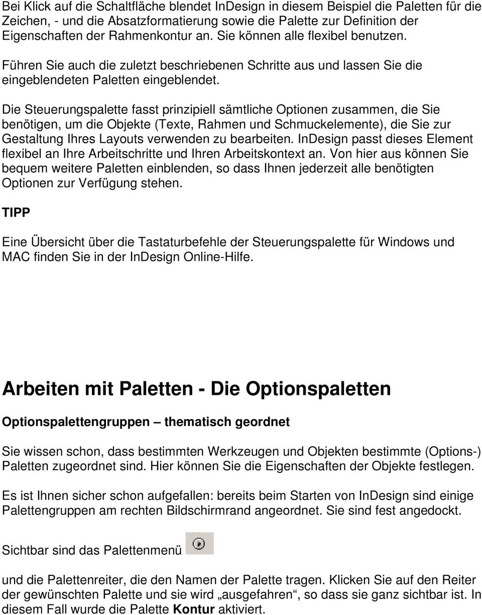 Die Steuerungspalette fasst prinzipiell sämtliche Optionen zusammen, die Sie benötigen, um die Objekte (Texte, Rahmen und Schmuckelemente), die Sie zur Gestaltung Ihres Layouts verwenden zu