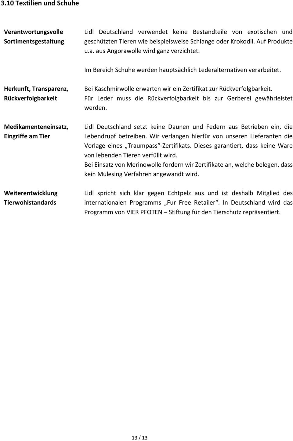 Herkunft, Transparenz, Rückverfolgbarkeit Medikamenteneinsatz, Eingriffe am Tier Weiterentwicklung Tierwohlstandards Bei Kaschmirwolle erwarten wir ein Zertifikat zur Rückverfolgbarkeit.