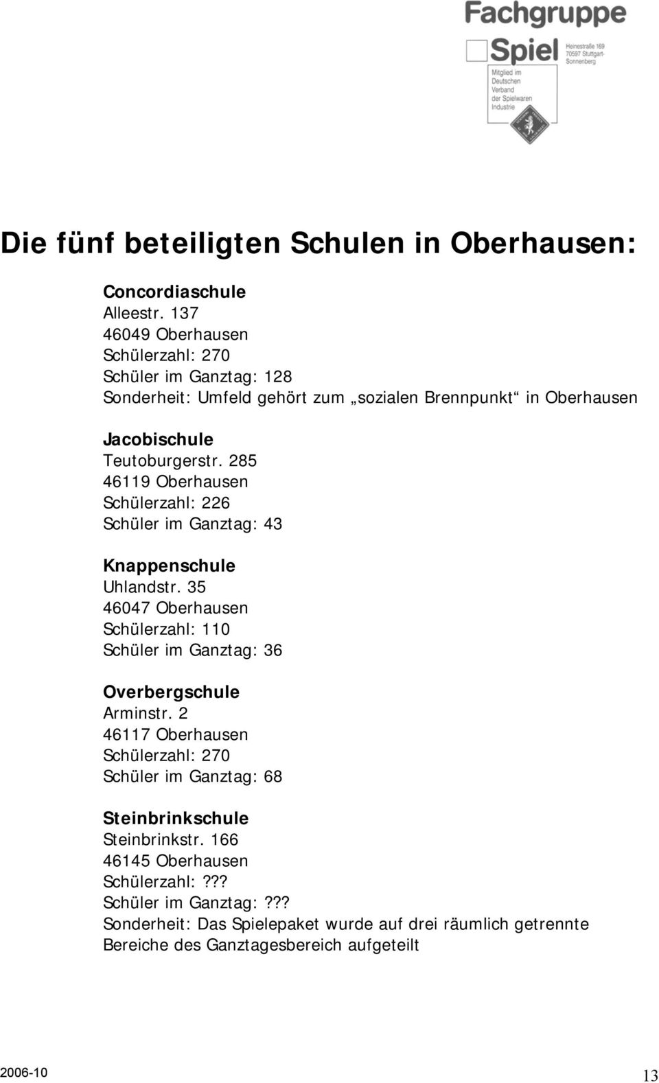 285 46119 Oberhausen Schülerzahl: 226 Schüler im Ganztag: 43 Knappenschule Uhlandstr.