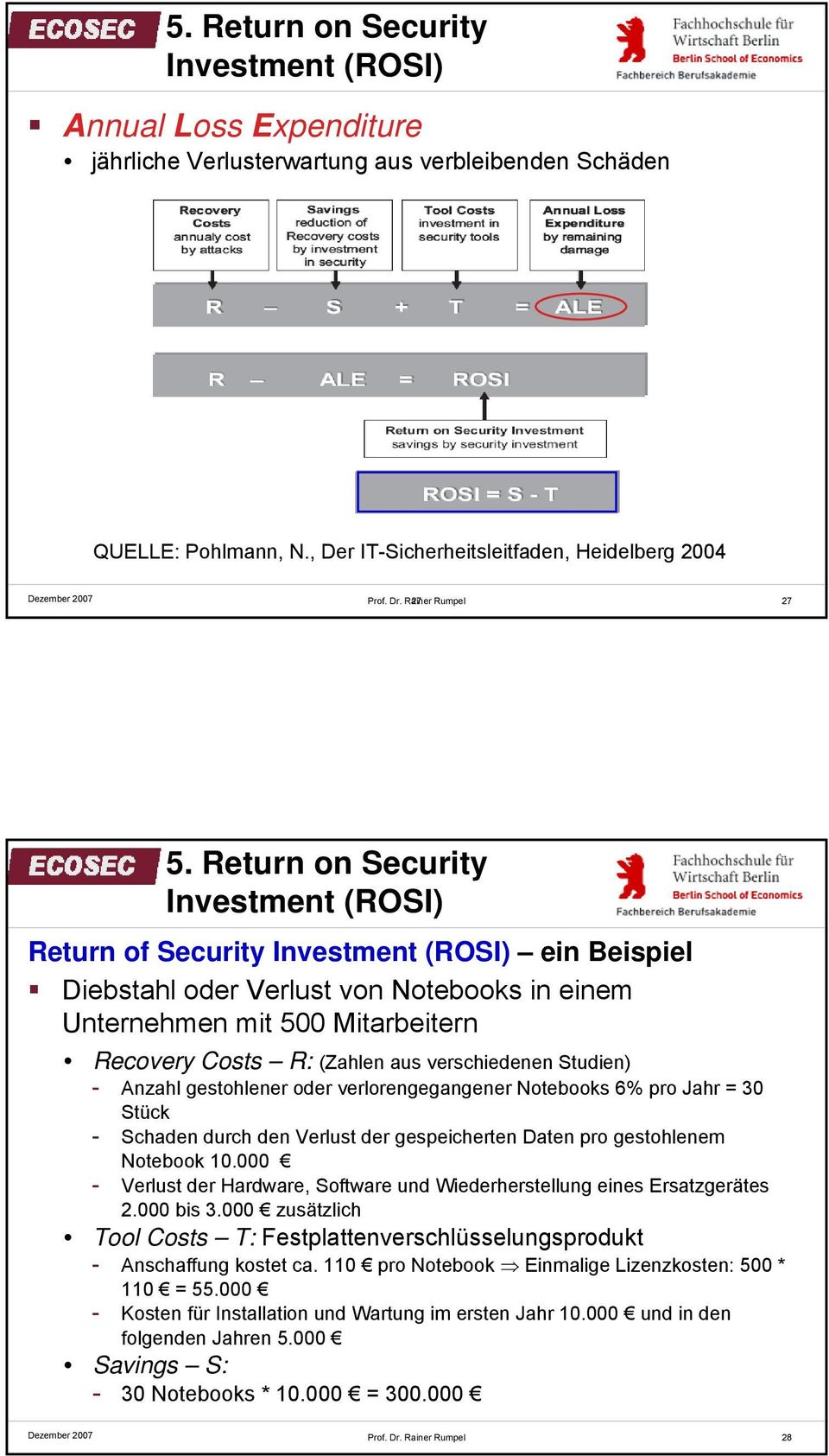 Return on Security Investment (ROSI) Return of Security Investment (ROSI) ein Beispiel Diebstahl oder Verlust von Notebooks in einem Unternehmen mit 500 Mitarbeitern Recovery Costs R: (Zahlen aus