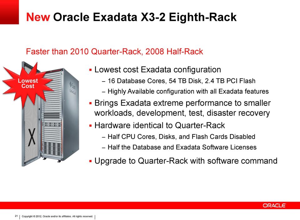 4 TB PCI Flash Highly Available configuration with all Exadata features Brings Exadata extreme performance to smaller workloads, development,