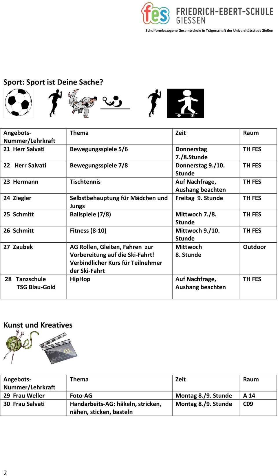 TH FES Jungs 25 Schmitt Ballspiele (7/8) Mittwoch 7./8. TH FES 26 Schmitt Fitness (8-10) Mittwoch 9./10. TH FES 27 Zaubek AG Rollen, Gleiten, Fahren zur Vorbereitung auf die Ski-Fahrt!