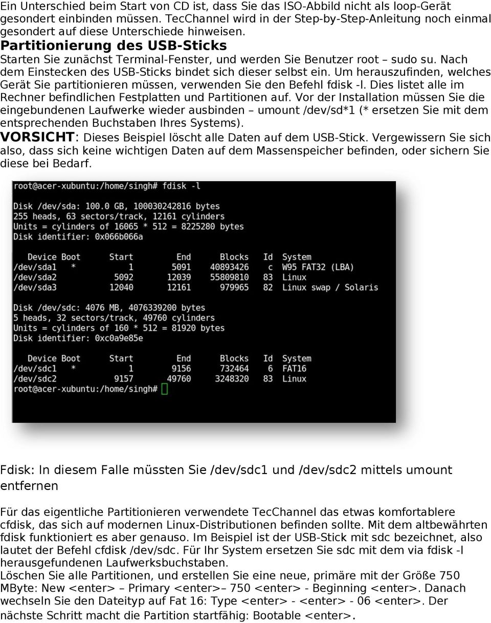 Partitionierung des USB-Sticks Starten Sie zunächst Terminal-Fenster, und werden Sie Benutzer root sudo su. Nach dem Einstecken des USB-Sticks bindet sich dieser selbst ein.