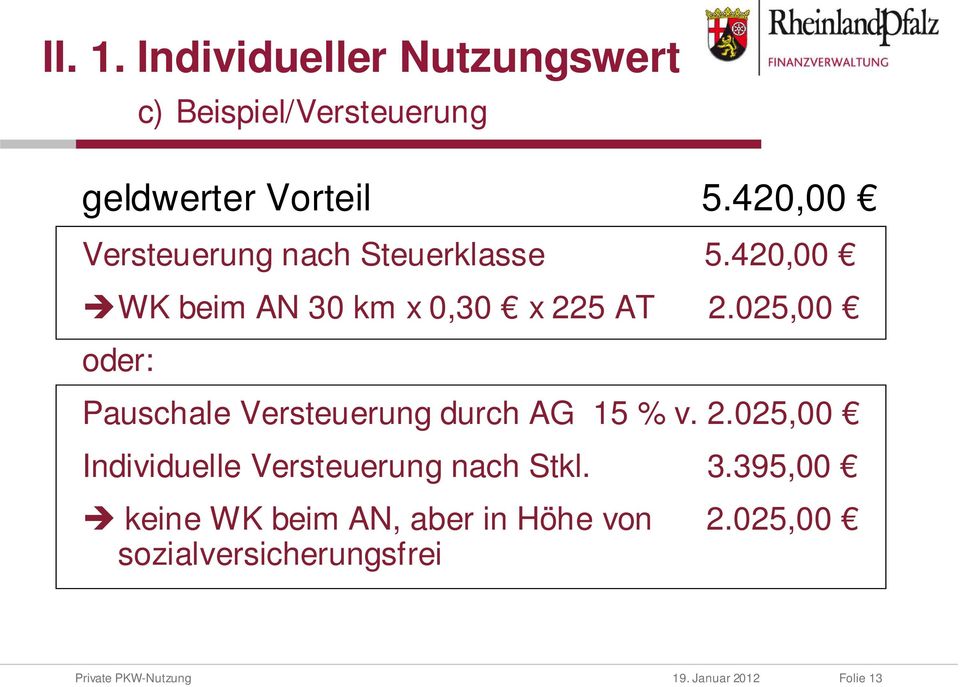 025,00 oder: Pauschale Versteuerung durch AG 15 % v. 2.