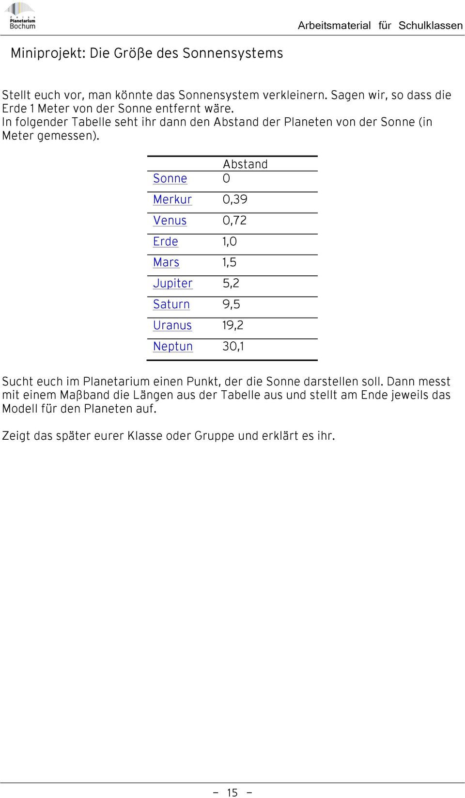 In folgender Tabelle seht ihr dann den Abstand der Planeten von der Sonne (in Meter gemessen).