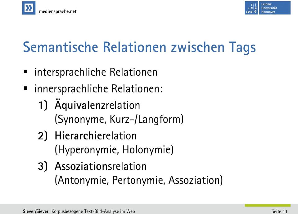 Kurz-/Langform) 2) Hierarchierelation (Hyperonymie, Holonymie)