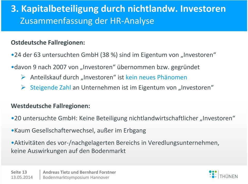 von Investoren übernommen bzw.