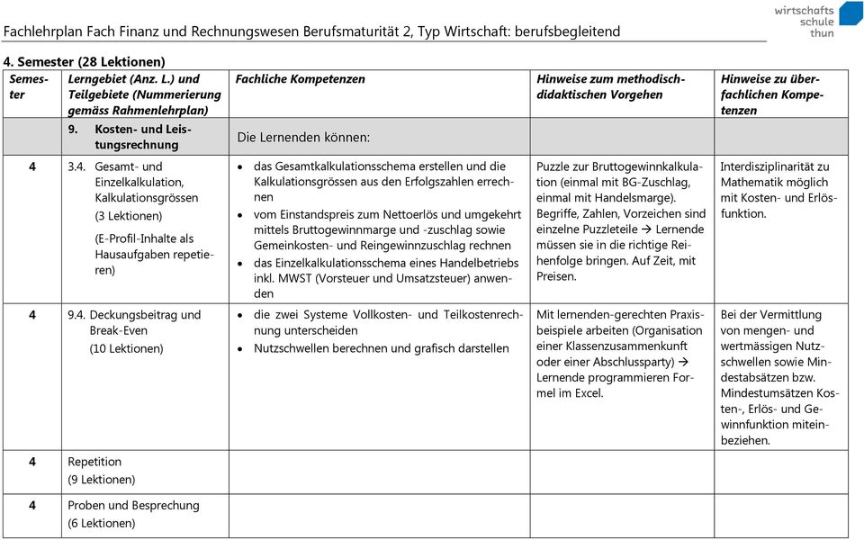 3.4. Gesamt- und Einzelkalkulation, Kalkulationsgrössen das Gesamtkalkulationsschema erstellen und die Kalkulationsgrössen aus den Erfolgszahlen errechnen vom Einstandspreis zum Nettoerlös und