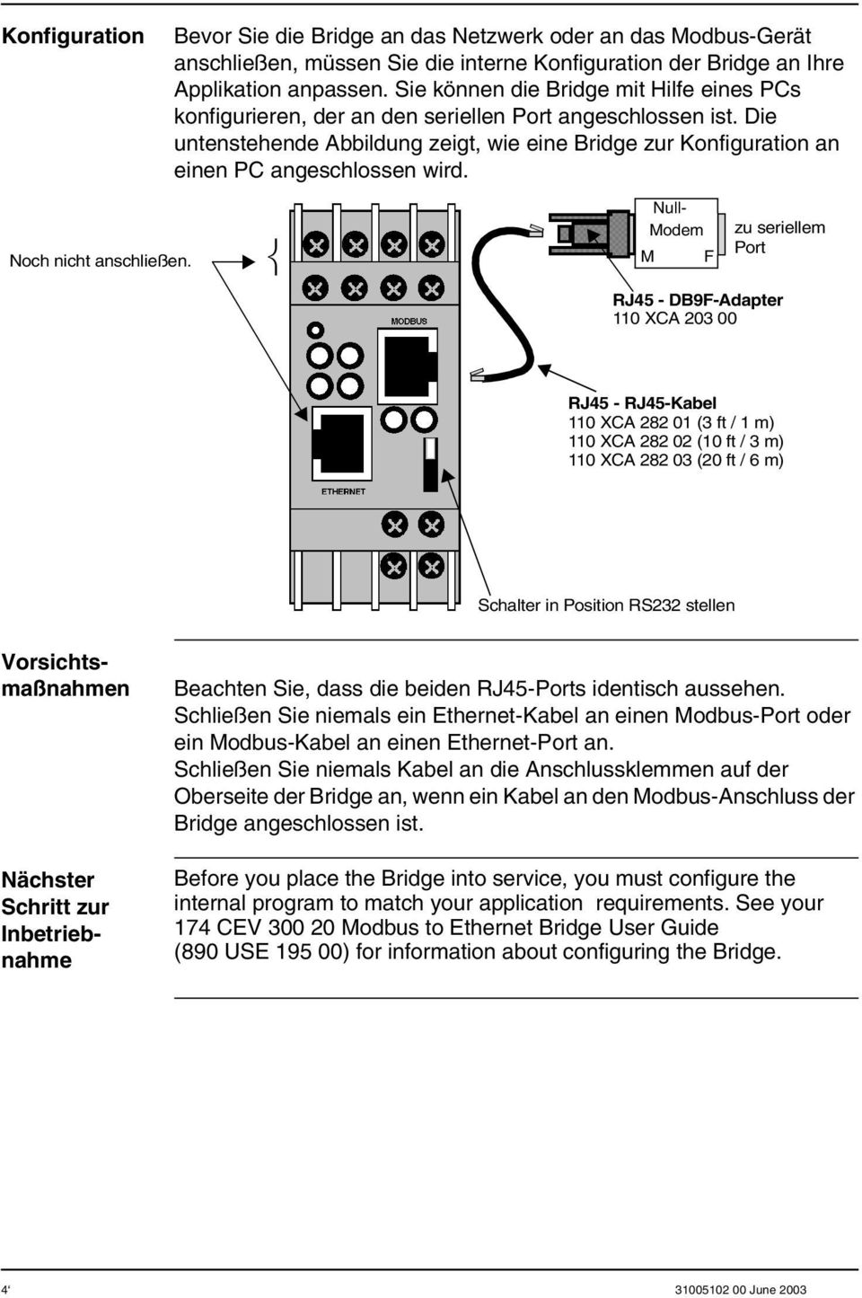 Die untenstehende Abbildung zeigt, wie eine Bridge zur Konfiguration an einen PC angeschlossen wird. Noch nicht anschließen.