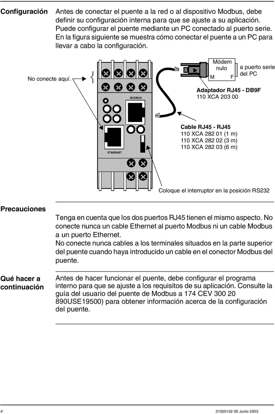 Módem nulo M F a puerto serie del PC Adaptador RJ45 - DB9F 110 XCA 203 00 Cable RJ45 - RJ45 110 XCA 282 01 (1 m) 110 XCA 282 02 (3 m) 110 XCA 282 03 (6 m) Coloque el interruptor en la posición RS232