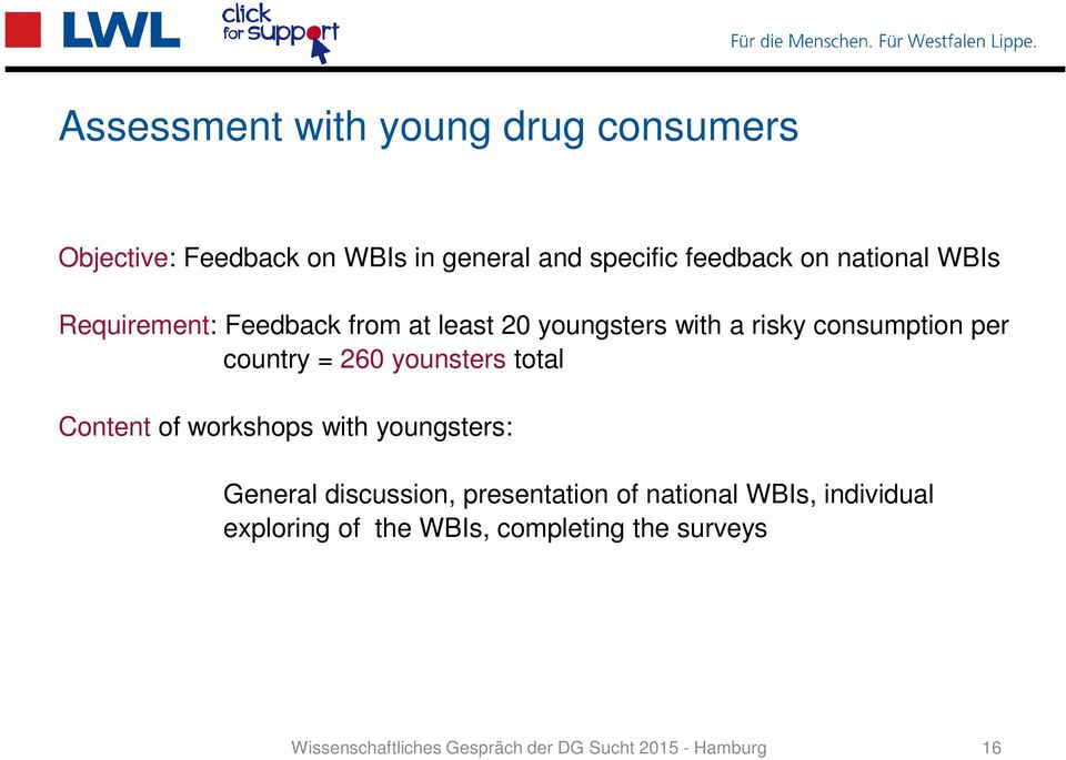 consumption per country = 260 younsters total Content of workshops with youngsters: General