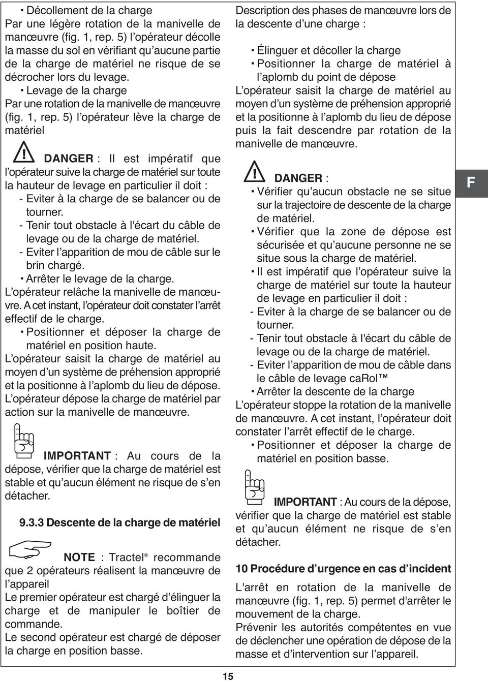 Levage de la charge Par une rotation de la manivelle de manœuvre (fig. 1, rep.