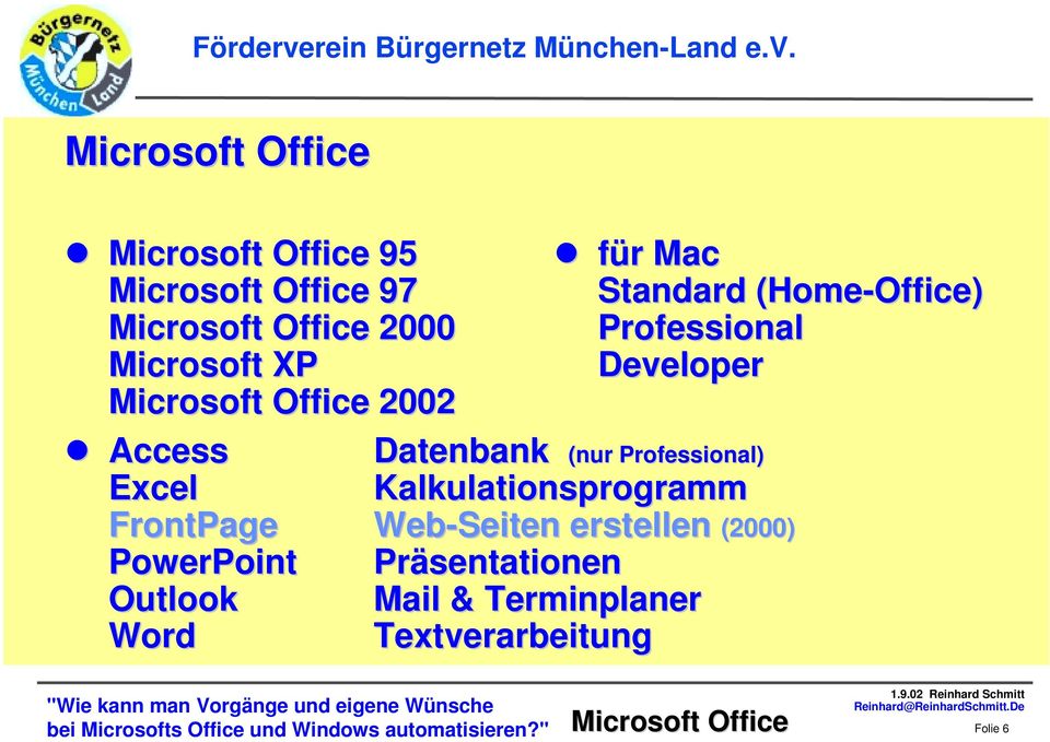 Access Datenbank (nur Professional) Excel Kalkulationsprogramm FrontPage Web-Seiten