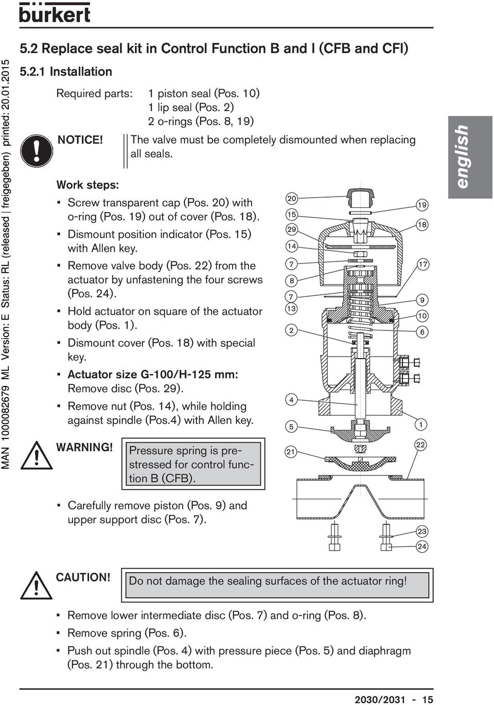 15) with Allen key. Remove valve body (Pos. 22) from the actuator by unfastening the four screws (Pos. 24). Hold actuator on square of the actuator body (Pos. 1). Dismount cover (Pos.