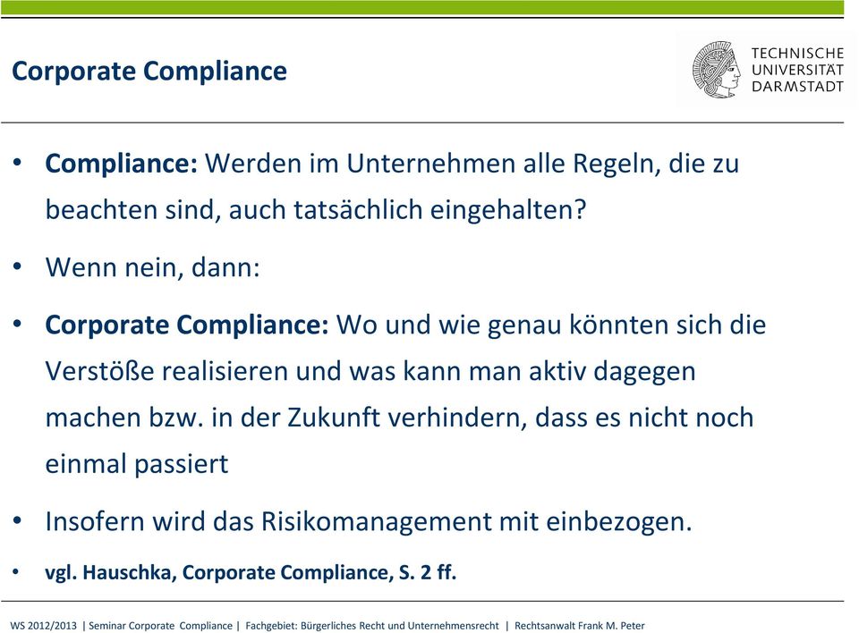 Wenn nein, dann: Corporate Compliance: Wo und wie genau könnten sich die Verstöße realisieren und was