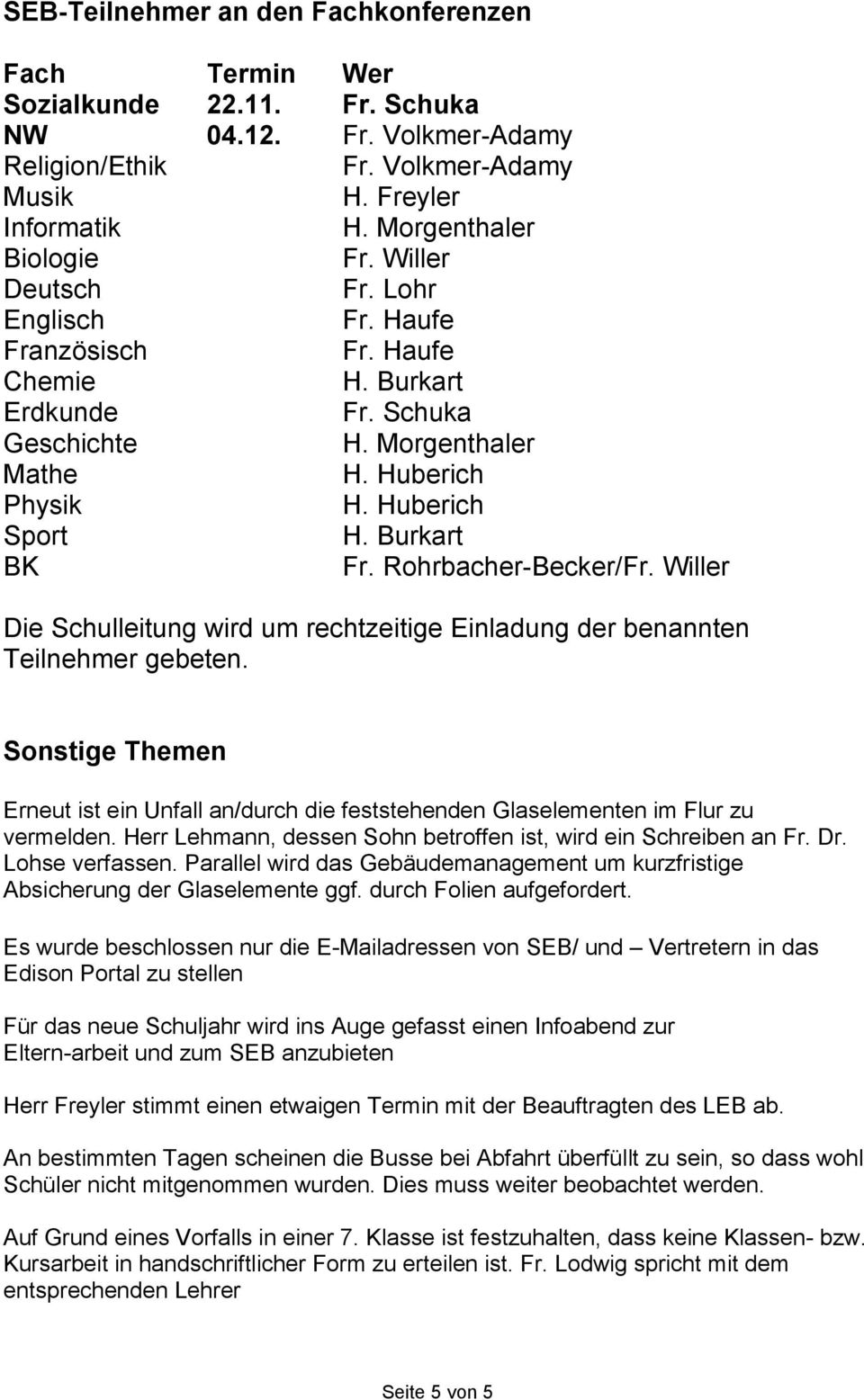 Huberich Sport H. Burkart BK Fr. Rohrbacher-Becker/Fr. Willer Die Schulleitung wird um rechtzeitige Einladung der benannten Teilnehmer gebeten.
