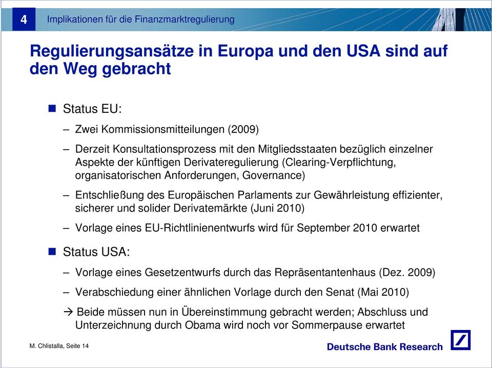 Parlaments zur Gewährleistung effizienter, sicherer und solider Derivatemärkte (Juni 2010) Vorlage eines EU-Richtlinienentwurfs wird für September 2010 erwartet Status USA: Vorlage eines