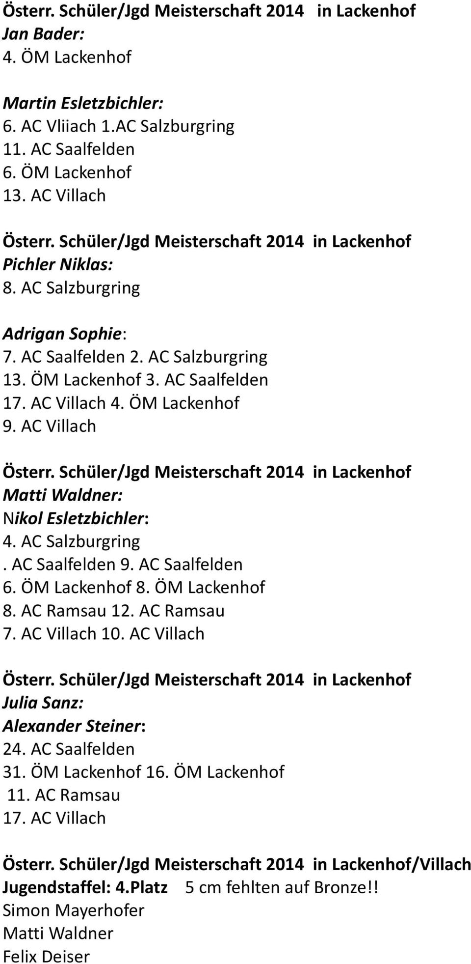 AC Villach Österr. Schüler/Jgd Meisterschaft 2014 in Lackenhof Matti Waldner: Nikol Esletzbichler: 4. AC Salzburgring. AC Saalfelden 9. AC Saalfelden 6. ÖM Lackenhof 8. ÖM Lackenhof 8. AC Ramsau 12.