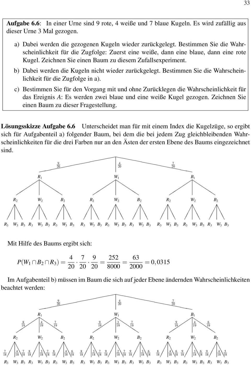 b) Dabei werden die Kugeln nicht wieder zurückgelegt. Bestimmen Sie die Wahrscheinlichkeit für die Zugfolge in a).