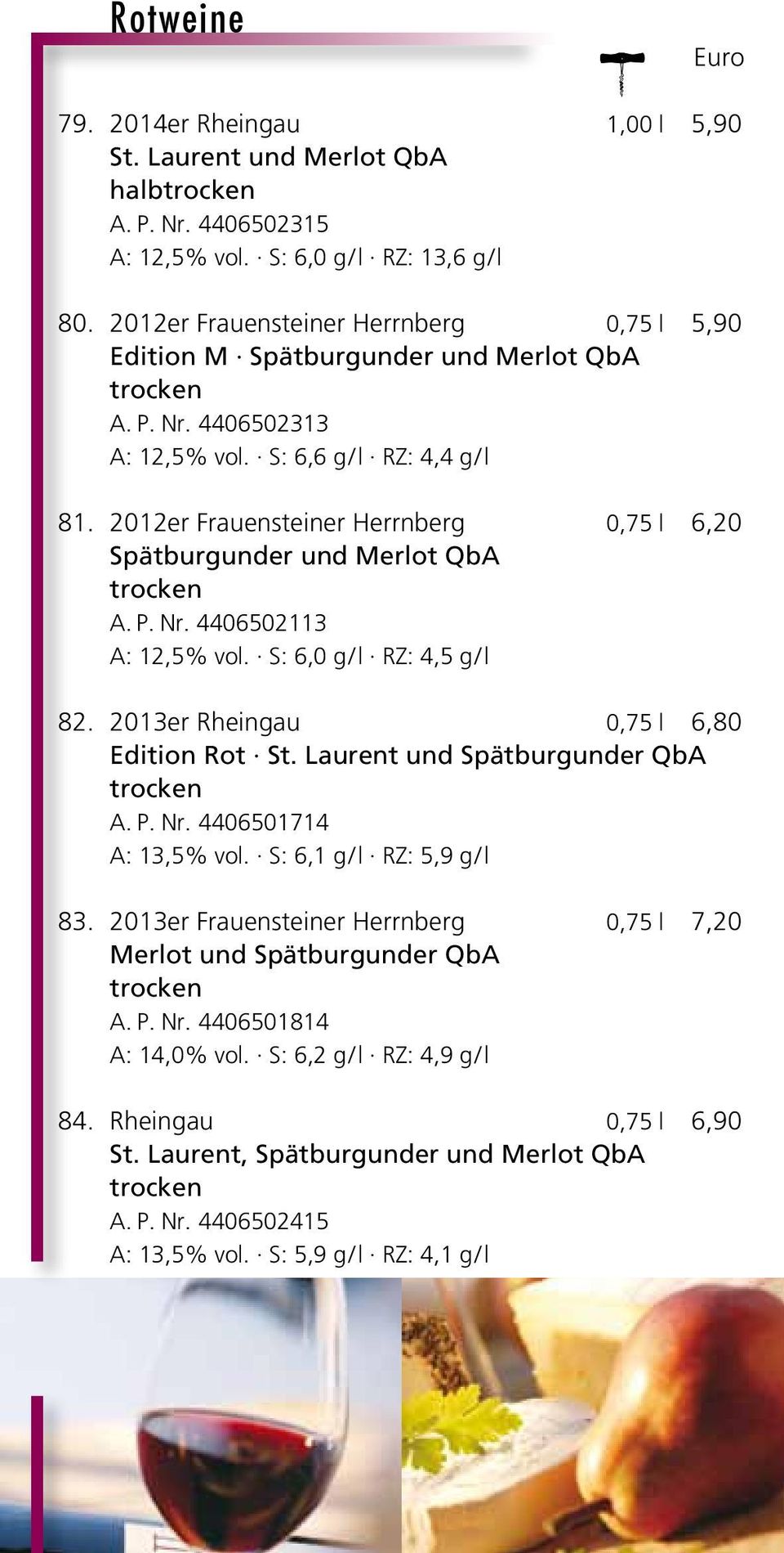 S: 6,6 g/l RZ: 4,4 g/l 2012er Frauensteiner Herrnberg 0,75 l 6,20 Spätburgunder und Merlot QbA A. P. Nr. 4406502113 A: 12,5% vol. S: 6,0 g/l RZ: 4,5 g/l 2013er Rheingau 0,75 l 6,80 Edition Rot St.