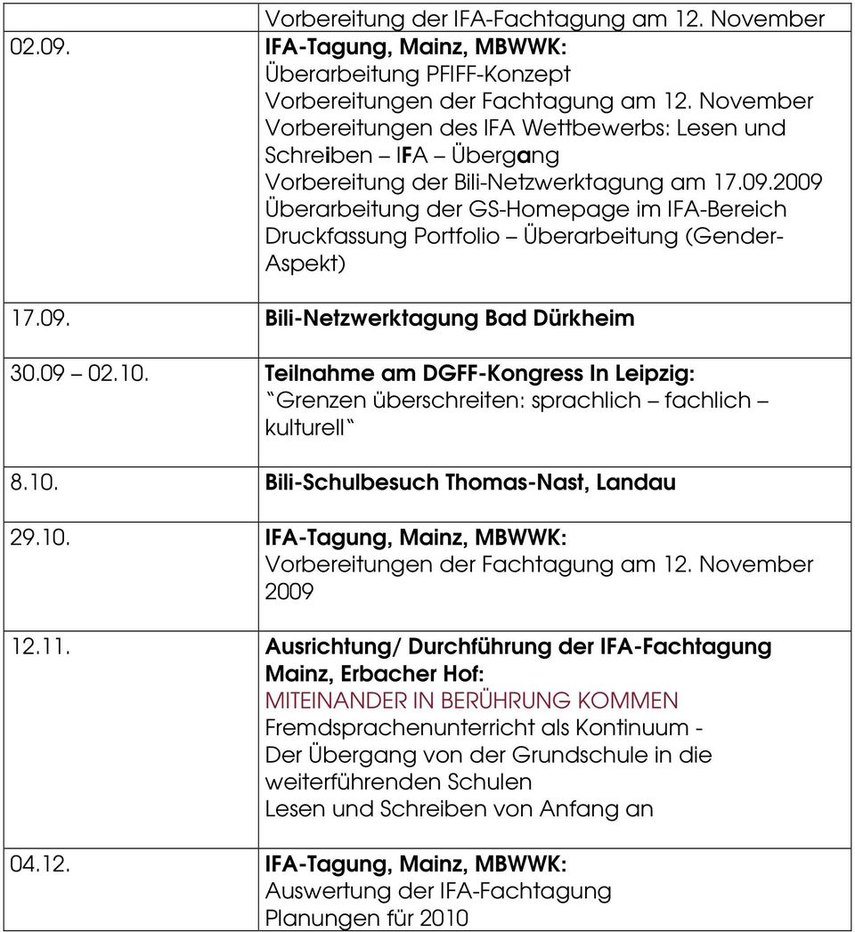 2009 Überarbeitung der GS-Homepage im IFA-Bereich Druckfassung Portfolio Überarbeitung (Gender- Aspekt) 17.09. Bili-Netzwerktagung Bad Dürkheim 30.09 02.10.
