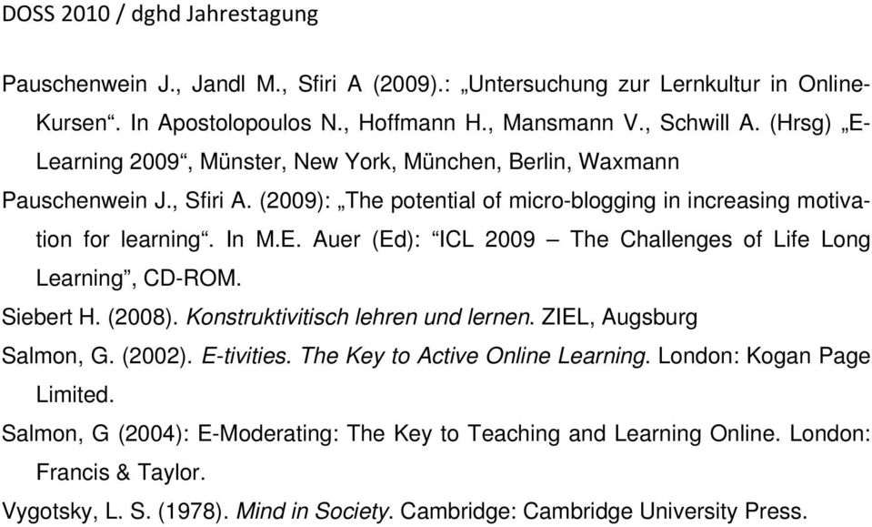 Siebert H. (2008). Konstruktivitisch lehren und lernen. ZIEL, Augsburg Salmon, G. (2002). E-tivities. The Key to Active Online Learning. London: Kogan Page Limited.