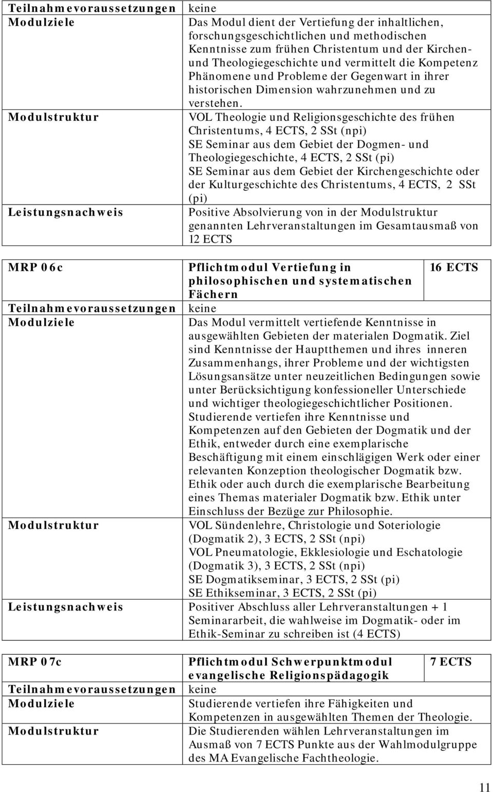 VOL Theologie und Religionsgeschichte des frühen Christentums, 4 ECTS, 2 SSt (npi) SE Seminar aus dem Gebiet der Dogmen- und Theologiegeschichte, 4 ECTS, 2 SSt (pi) SE Seminar aus dem Gebiet der