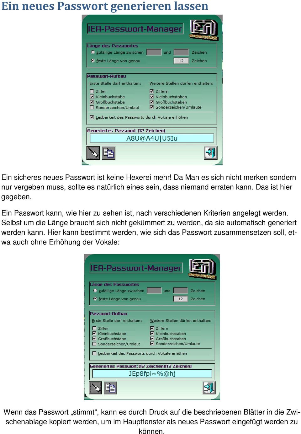 Ein Passwort kann, wie hier zu sehen ist, nach verschiedenen Kriterien angelegt werden.