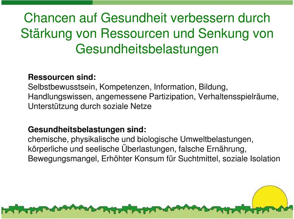 Unterstützung durch soziale Netze Gesundheitsbelastungen sind: chemische, physikalische und biologische Umweltbelastungen,