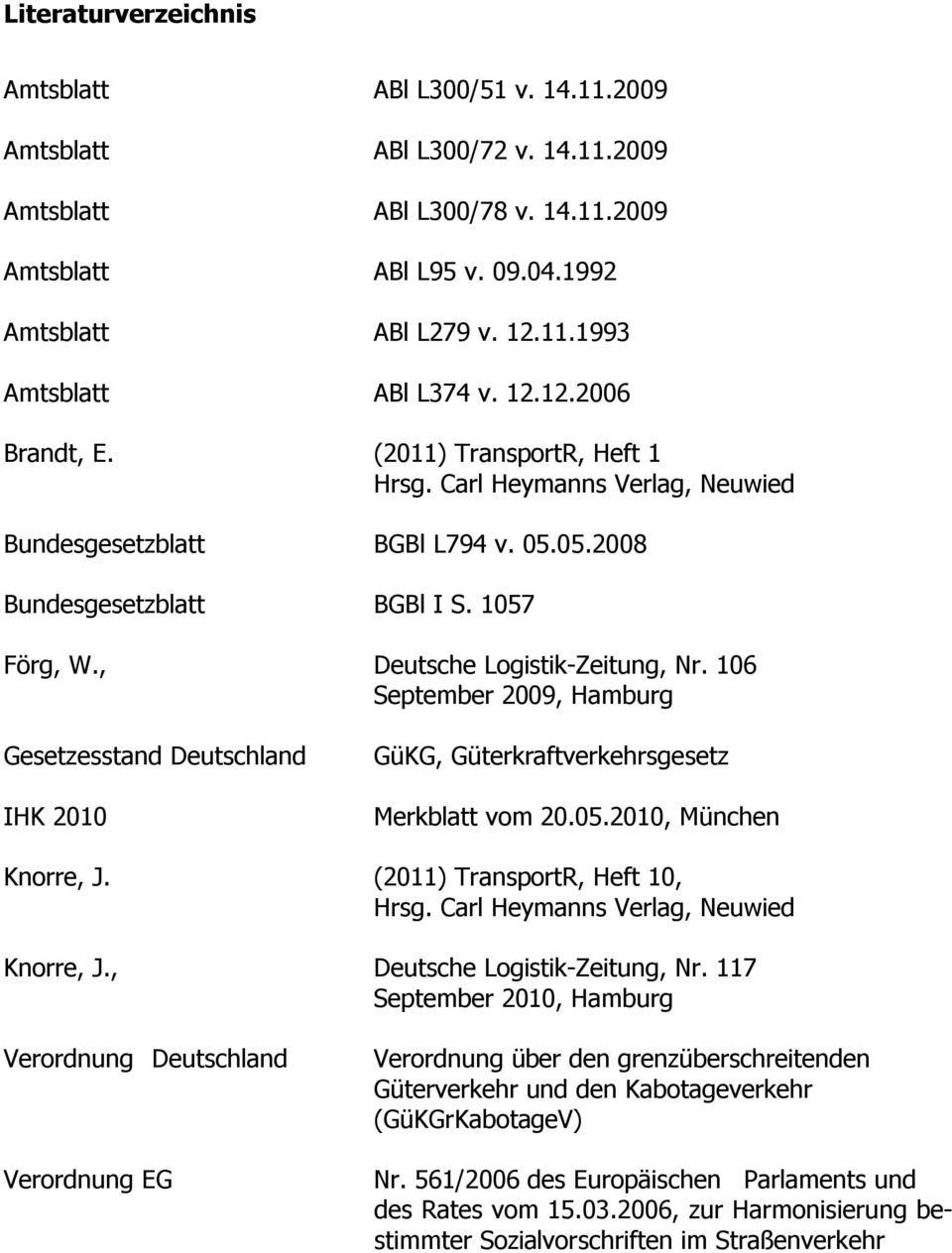 106 September 2009, Hamburg Gesetzesstand Deutschland IHK 2010 GüKG, Güterkraftverkehrsgesetz Merkblatt vom 20.05.2010, München Knorre, J. (2011) TransportR, Heft 10, Hrsg.