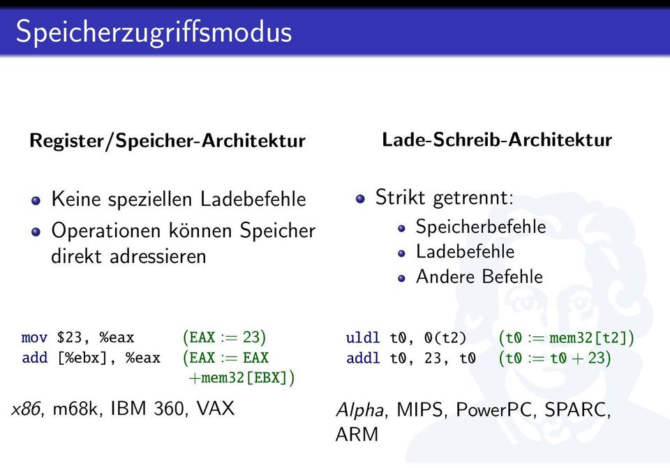 Andere Befehle mov $23, %eax (EAX := 23) add [%ebx], %eax (EAX := EAX +mem32[ebx]) x86, m68k, IBM