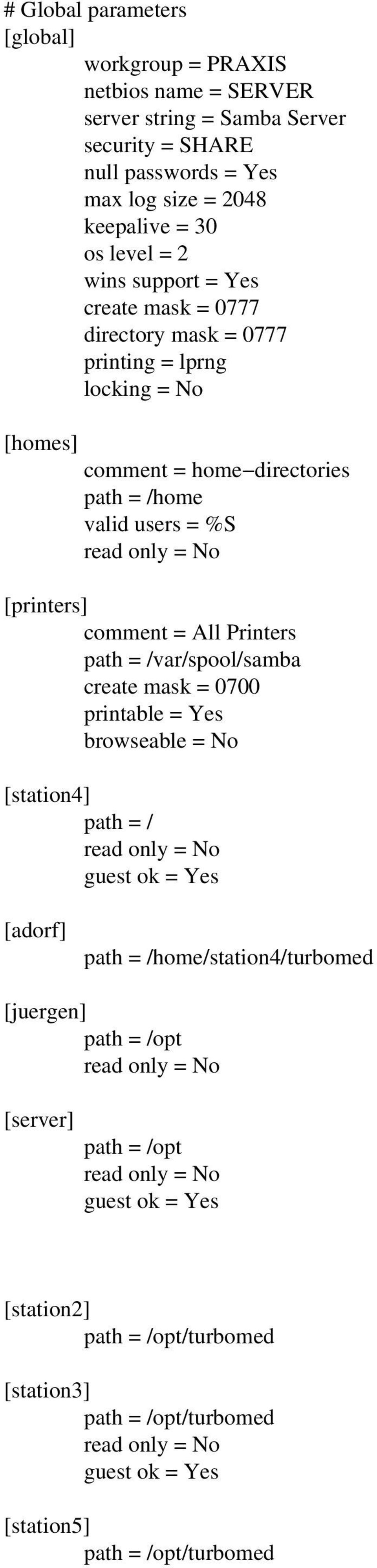 = home directories path = /home valid users = %S [printers] comment = All Printers path = /var/spool/samba create mask = 0700 printable = Yes