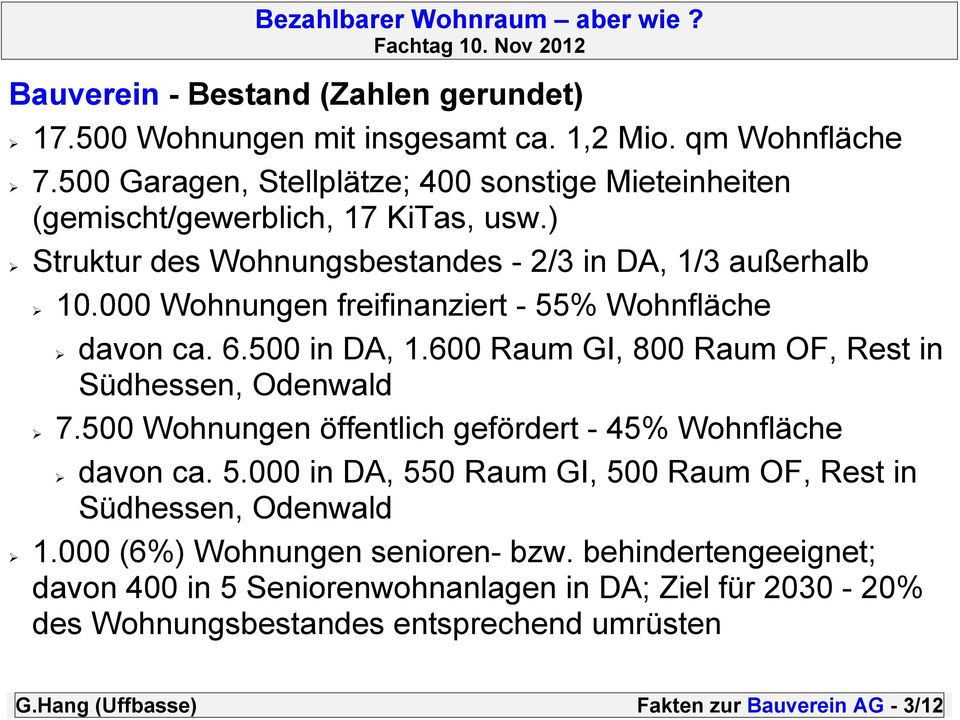 000 Wohnungen freifinanziert - 55% Wohnfläche davon ca. 6.500 in DA, 1.600 Raum GI, 800 Raum OF, Rest in Südhessen, Odenwald 7.