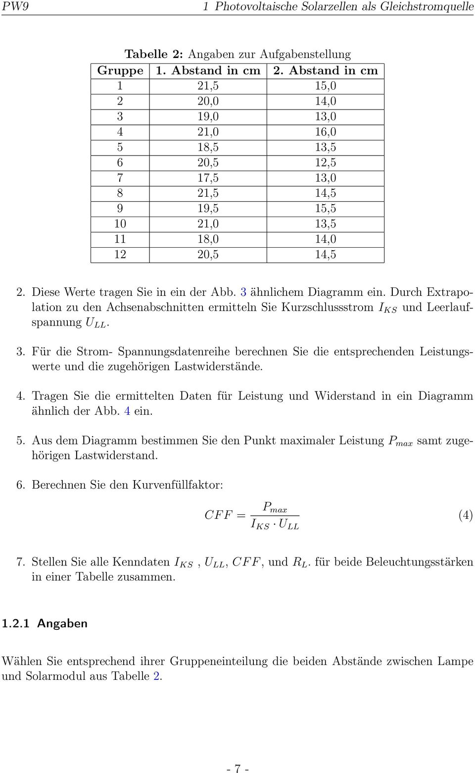 Diese Werte tragen Sie in ein der Abb. 3 ähnlichem Diagramm ein. Durch Extrapolation zu den Achsenabschnitten ermitteln Sie Kurzschlussstrom I KS und Leerlaufspannung U LL. 3. Für die Strom- Spannungsdatenreihe berechnen Sie die entsprechenden Leistungswerte und die zugehörigen Lastwiderstände.