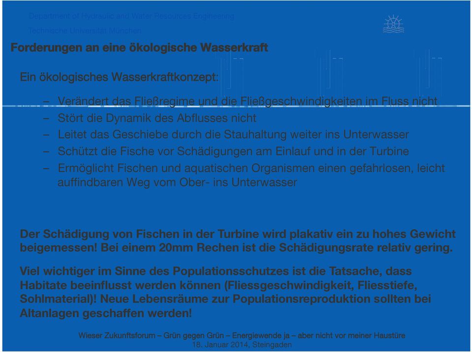 Der Schädigung von Fischen in der Turbine wird plakativ ein zu hohes Gewicht beigemessen! Bei einem 20mm Rechen ist die Schädigungsrate relativ gering.