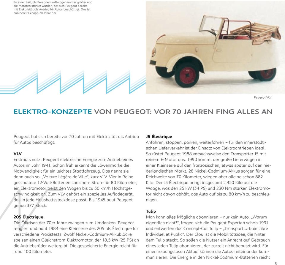 VLV Erstmals nutzt Peugeot elektrische Energie zum Antrieb eines Autos im Jahr 1941. Schon früh erkennt die Löwenmarke die Notwendigkeit für ein leichtes Stadtfahrzeug.