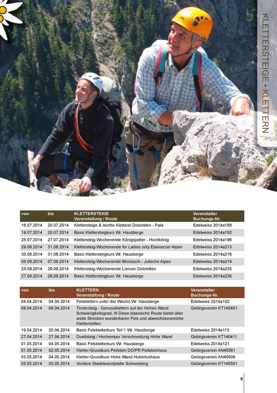 2014 31.08.2014 Klettersteig-Wochenende for Ladies only Eisenerzer Alpen Edelweiss 2014a213 30.08.2014 31.08.2014 Basic Klettersteigkurs Wr. Hausberge Edelweiss 2014a216 05.09.