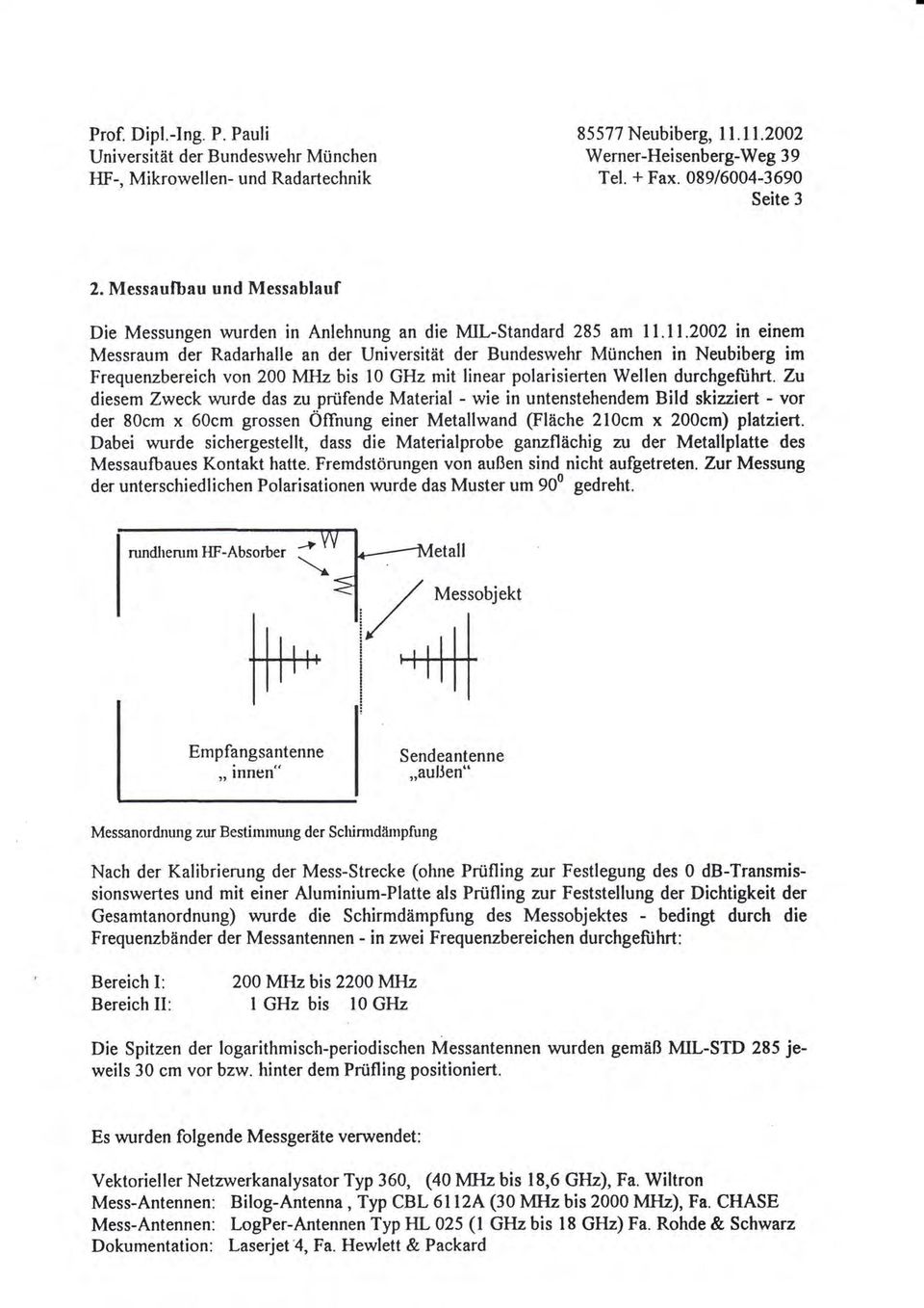 11.2002 in einem Messraum der Radarhalle an der Universität der Bundeswehr München in Neubiberg im Frequenzbereich von 200 MHz bis l0 GHz mit linear polarisierten Wellen durchgeftihrt.